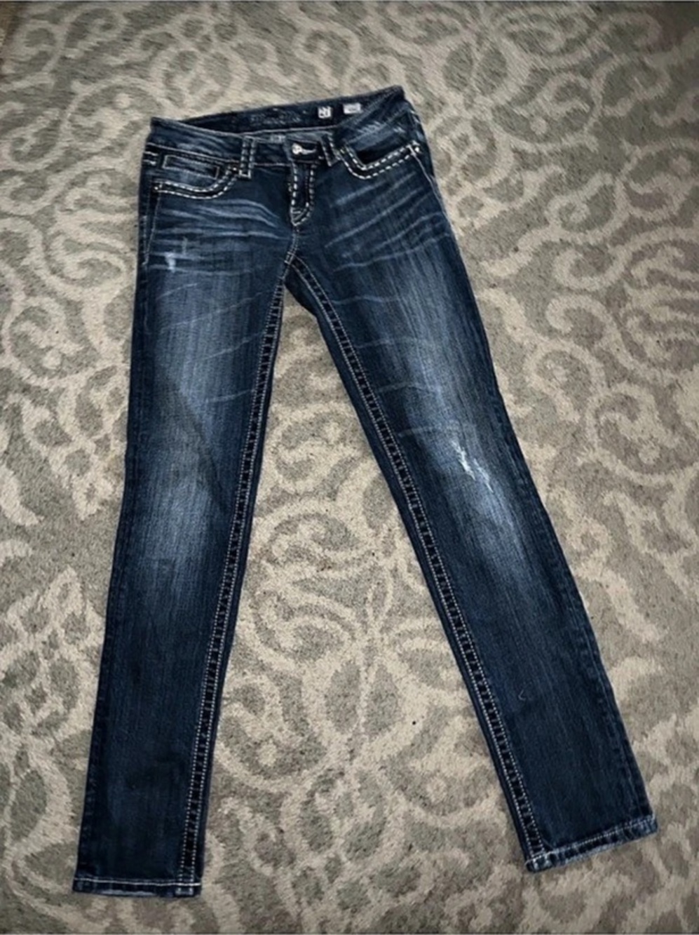 Miss Me Fleur De Lis Embellished Bootcut Jeans Blue Waist 30